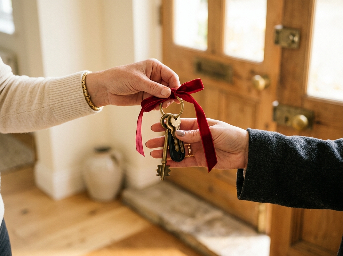 A real estate agent hands house keys tied with a red ribbon to a new homeowner.