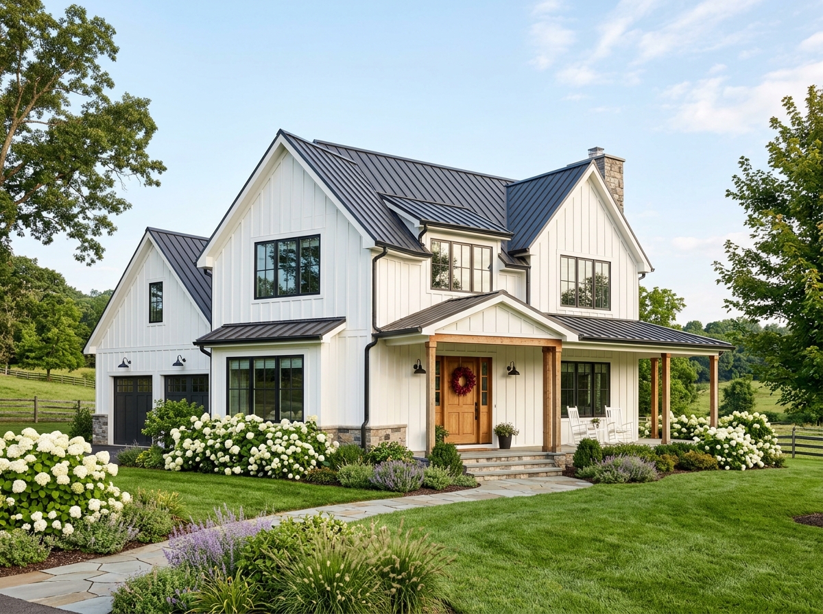A bright white farmhouse with a red wreath on the front door on a sunny morning.